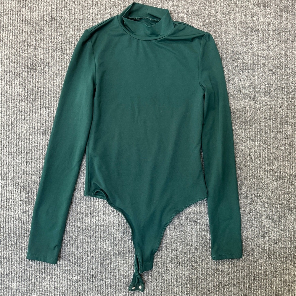 Shein SXY Contour Mock Neck Bodysuit‎ Small Green Long Sleeve Snap Closure
